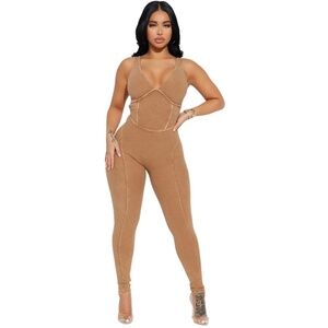 NWT $40 FASHION NOVA Andrea Mineral Wash Rib Jumpsuit - Sand SIZE XS